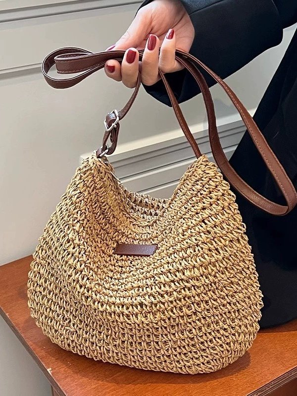 Women's Woven Paper Straw Crossbody Bag with Adjustable Strap - Urban Minimalist