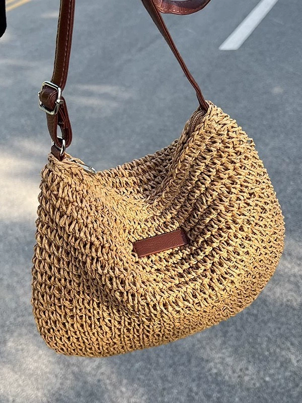 Women's Woven Paper Straw Crossbody Bag with Adjustable Strap - Urban Minimalist