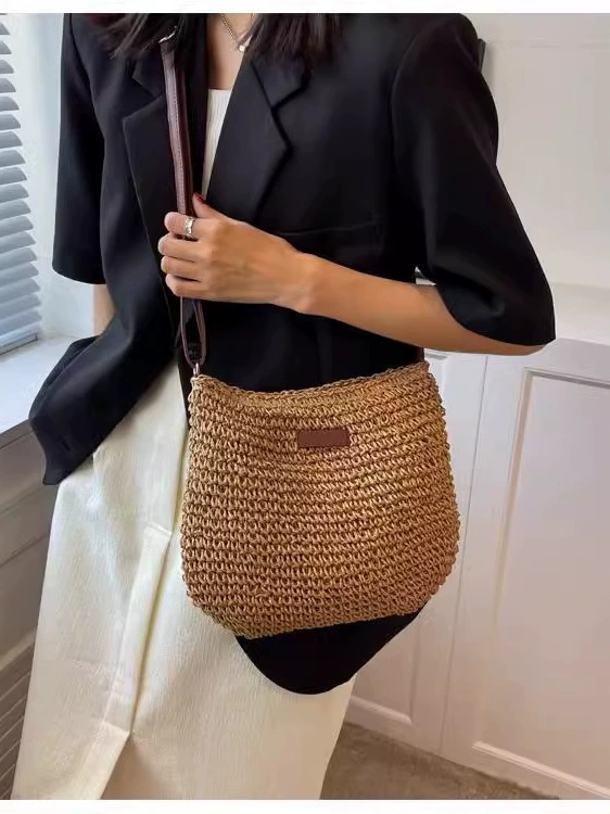 Women's Woven Paper Straw Crossbody Bag with Adjustable Strap - Urban Minimalist