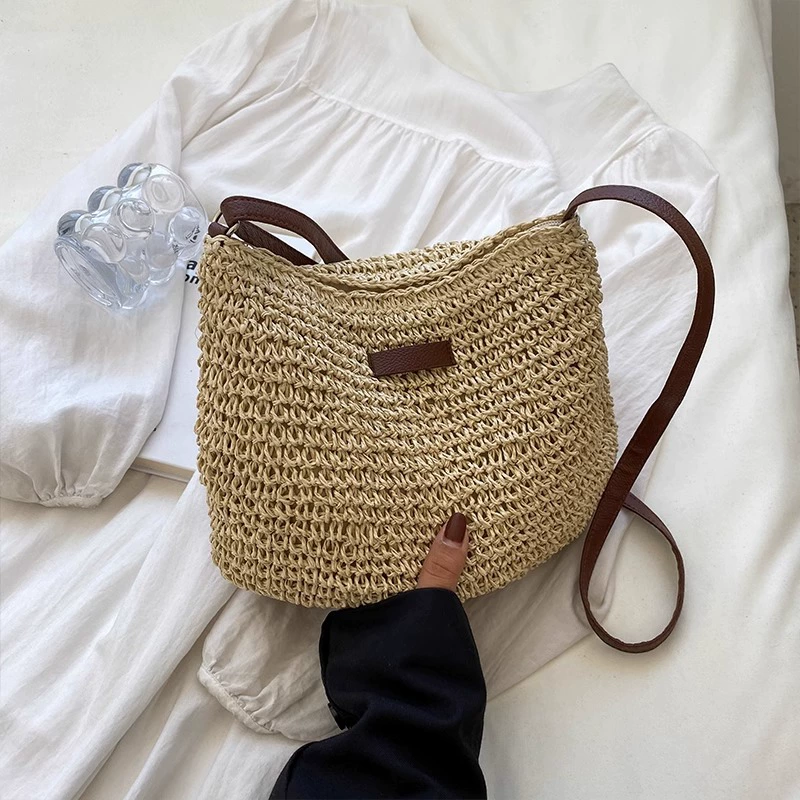 Women's Woven Paper Straw Crossbody Bag with Adjustable Strap - Urban Minimalist