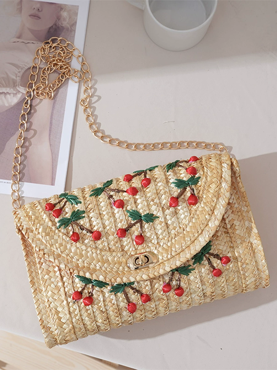 Women's Woven Straw Crossbody Bag with Cherry Appliques - Summer Vacation Purse