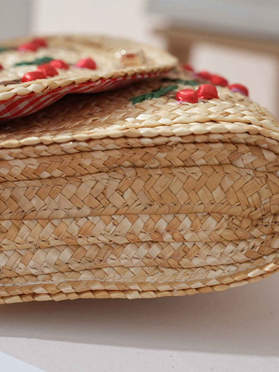 Women's Woven Straw Crossbody Bag with Cherry Appliques - Summer Vacation Purse