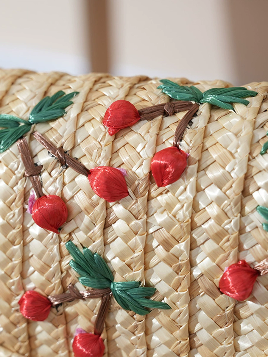 Women's Woven Straw Crossbody Bag with Cherry Appliques - Summer Vacation Purse