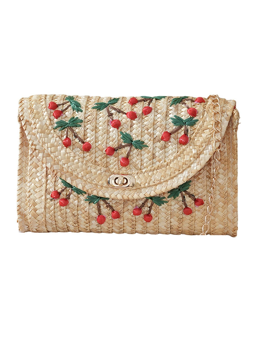Women's Woven Straw Crossbody Bag with Cherry Appliques - Summer Vacation Purse