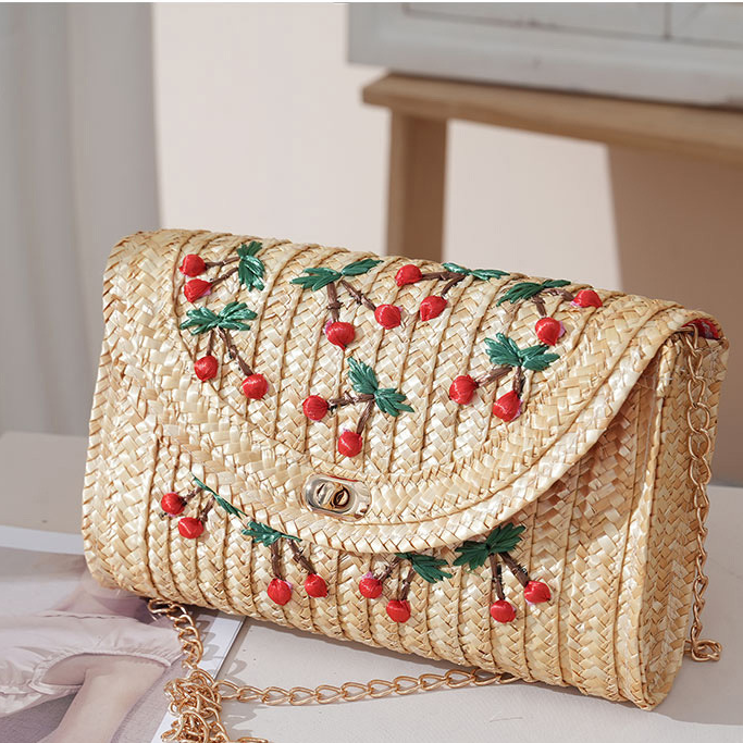Women's Woven Straw Crossbody Bag with Cherry Appliques - Summer Vacation Purse