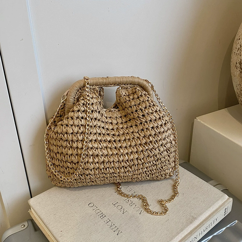Chic Woven Straw Crossbody Bag | Women's Summer Clasp Clutch with Gold Chain