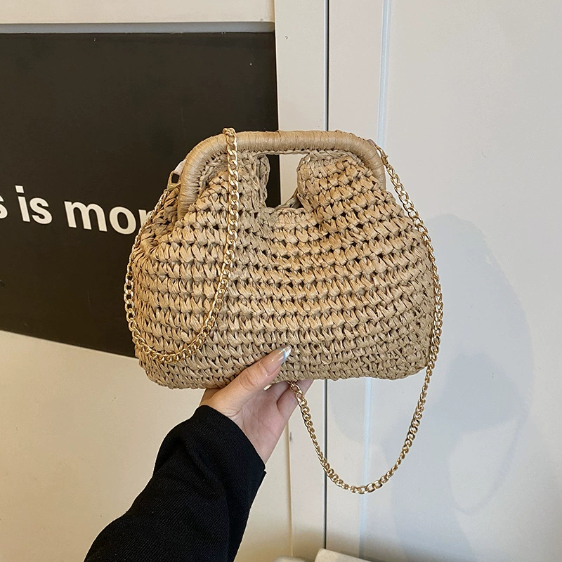 Chic Woven Straw Crossbody Bag | Women's Summer Clasp Clutch with Gold Chain