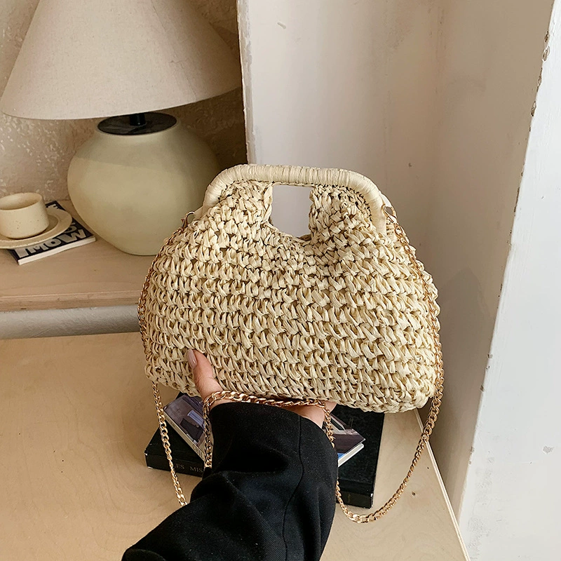 Chic Woven Straw Crossbody Bag | Women's Summer Clasp Clutch with Gold Chain