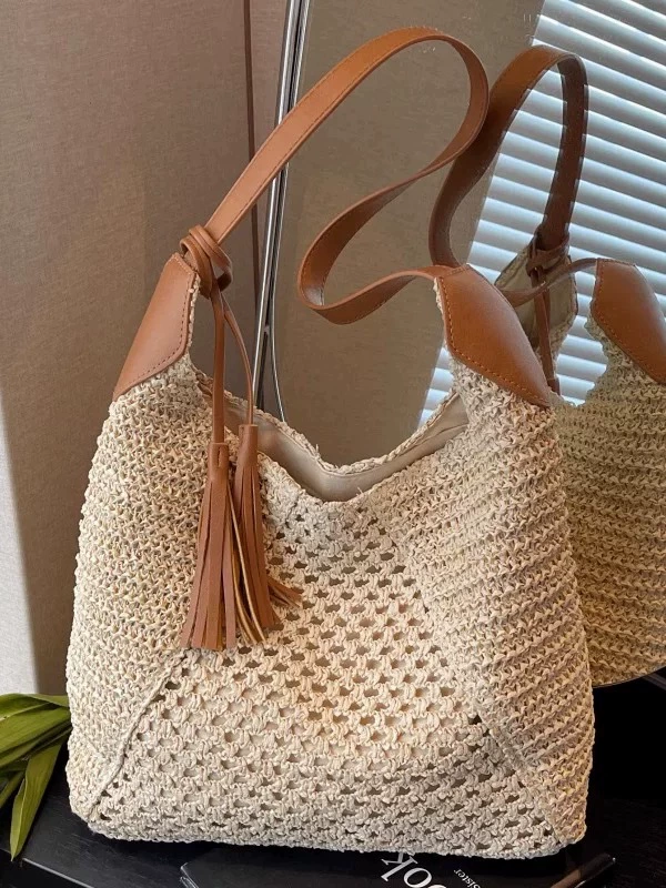 Large Crochet Straw Shoulder Bag | Women's Summer Zipper Tote