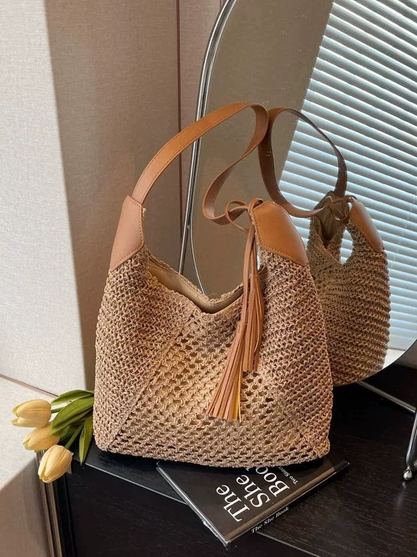 Large Crochet Straw Shoulder Bag | Women's Summer Zipper Tote