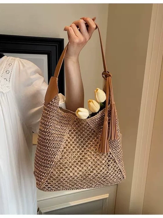 Large Crochet Straw Shoulder Bag | Women's Summer Zipper Tote