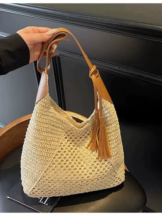 Large Crochet Straw Shoulder Bag | Women's Summer Zipper Tote