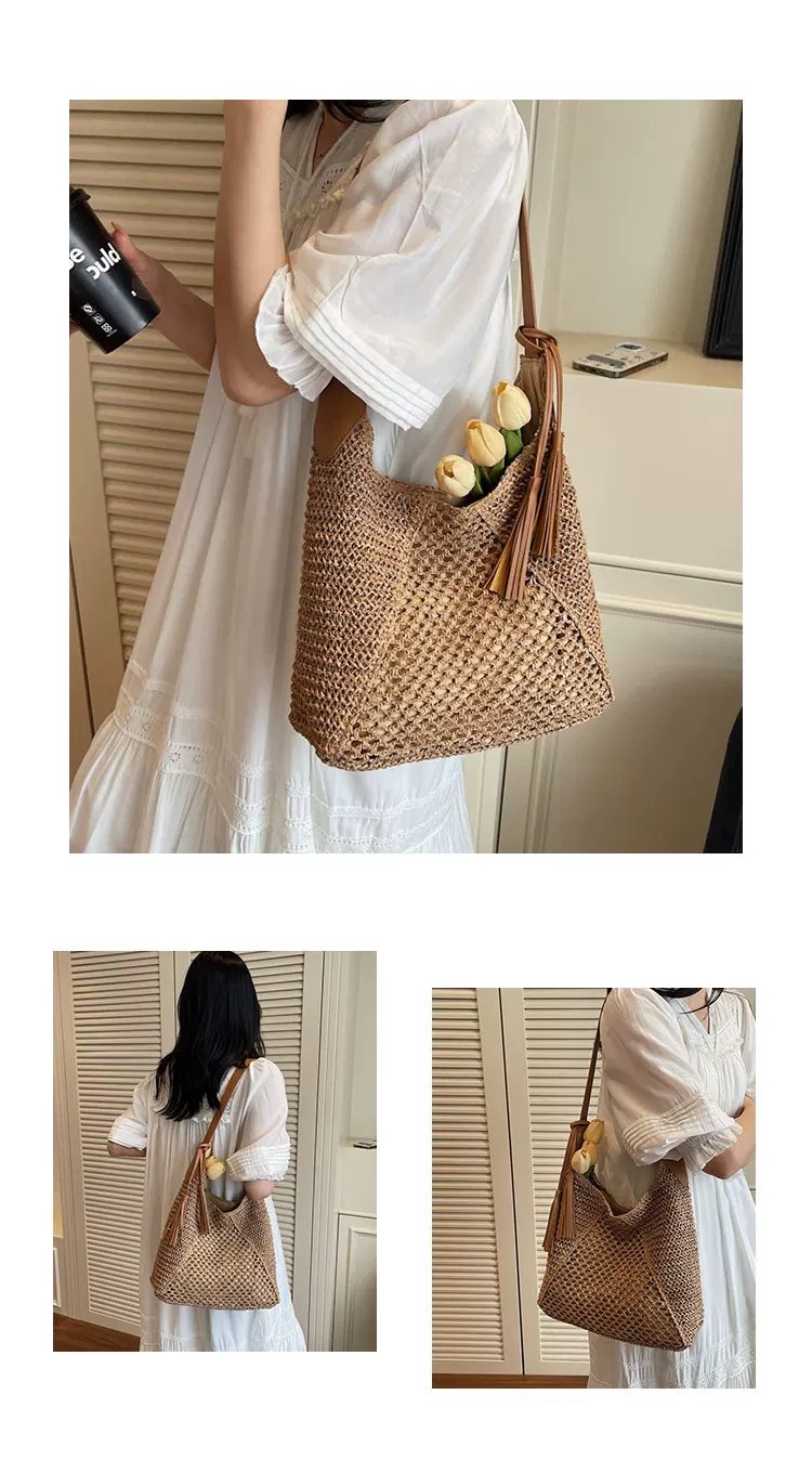 Large Crochet Straw Shoulder Bag | Women's Summer Zipper Tote