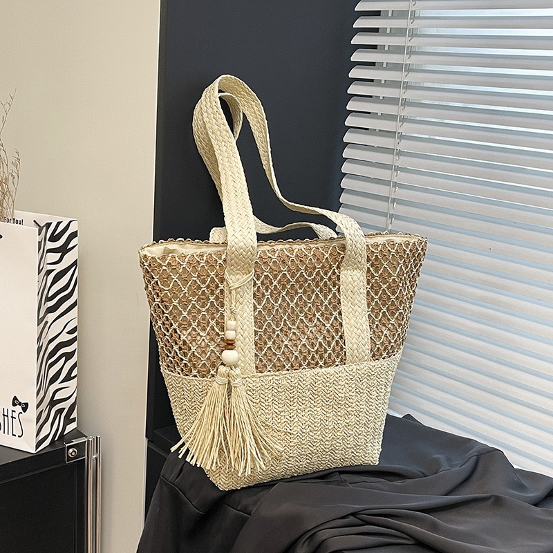 Large Straw Tote Bag for Women | Summer Beach Zipper Handbag