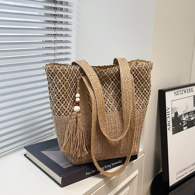 Large Straw Tote Bag for Women | Summer Beach Zipper Handbag