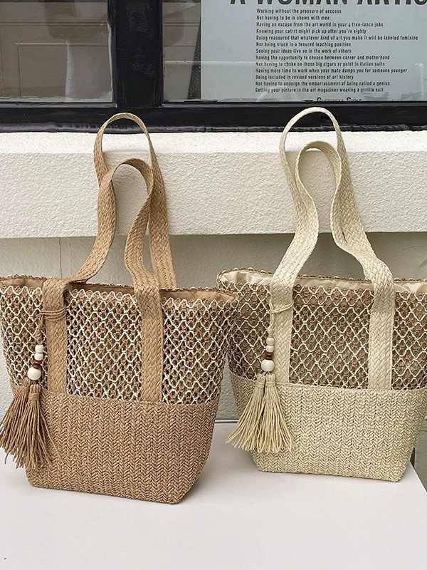 Large Straw Tote Bag for Women | Summer Beach Zipper Handbag