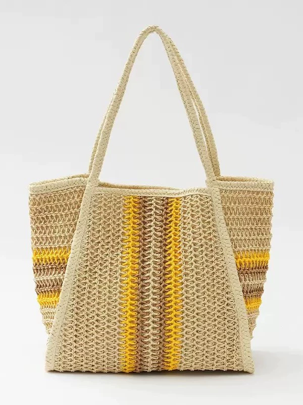 Large Paper Straw Crochet Handbag | Women's Colorful Stripe Vacation Tote