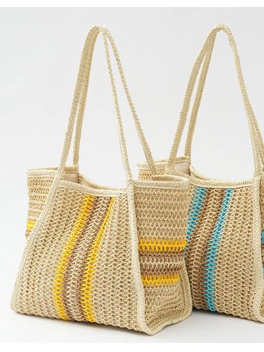 Large Paper Straw Crochet Handbag | Women's Colorful Stripe Vacation Tote
