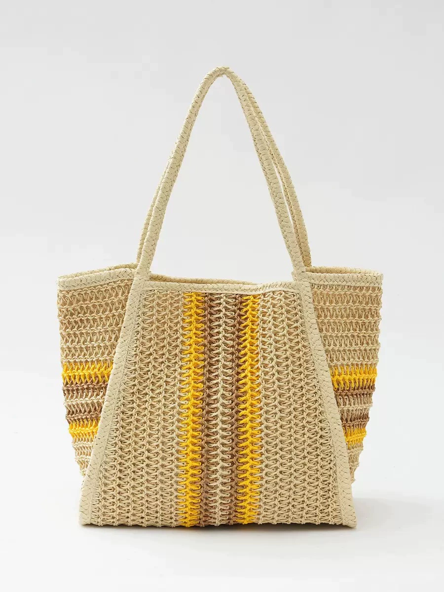 Large Paper Straw Crochet Handbag | Women's Colorful Stripe Vacation Tote