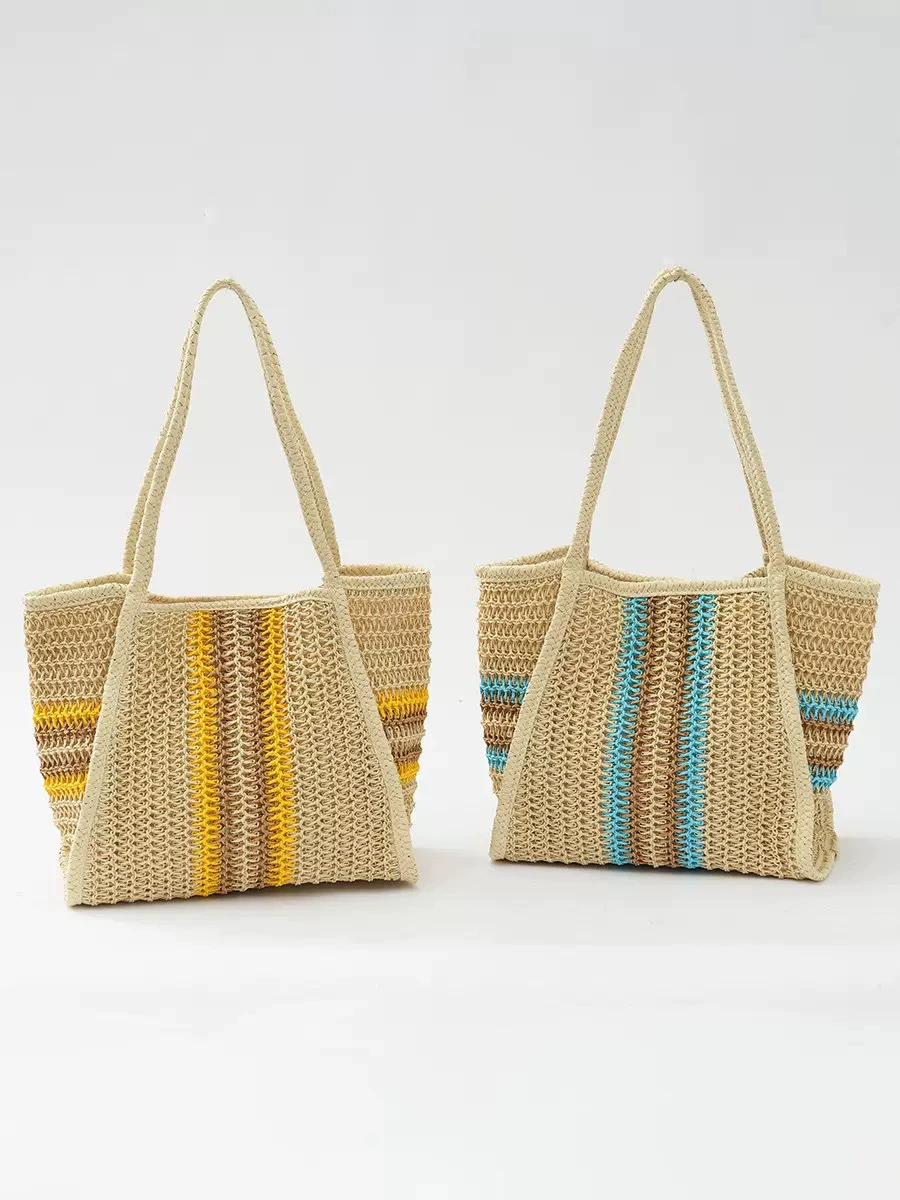 Large Paper Straw Crochet Handbag | Women's Colorful Stripe Vacation Tote