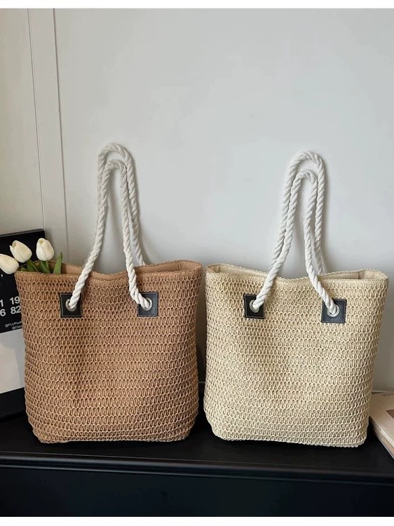 Large Open-Top Straw Tote Bag | Women's Woven Beach Handbag