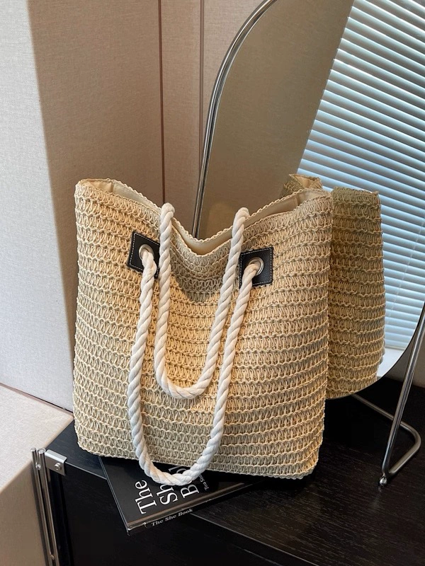 Large Open-Top Straw Tote Bag | Women's Woven Beach Handbag