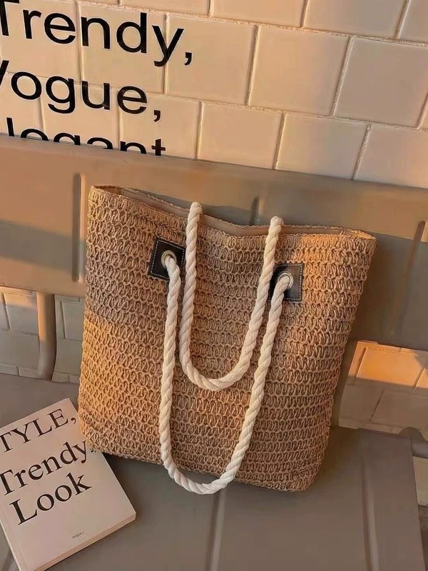 Large Open-Top Straw Tote Bag | Women's Woven Beach Handbag