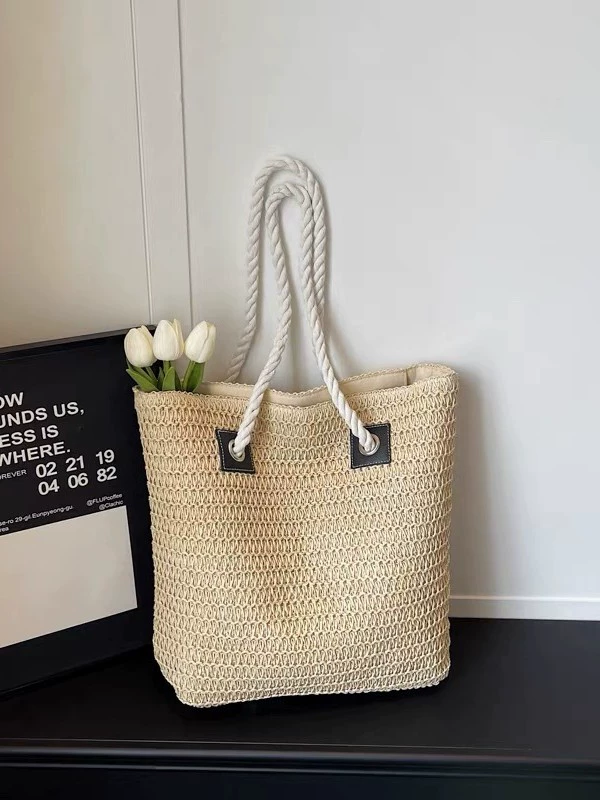 Large Open-Top Straw Tote Bag | Women's Woven Beach Handbag