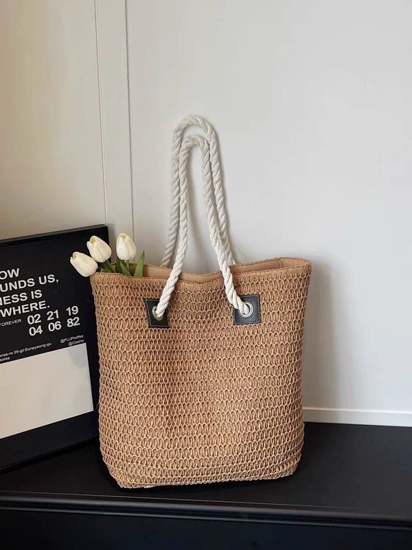 Large Open-Top Straw Tote Bag | Women's Woven Beach Handbag