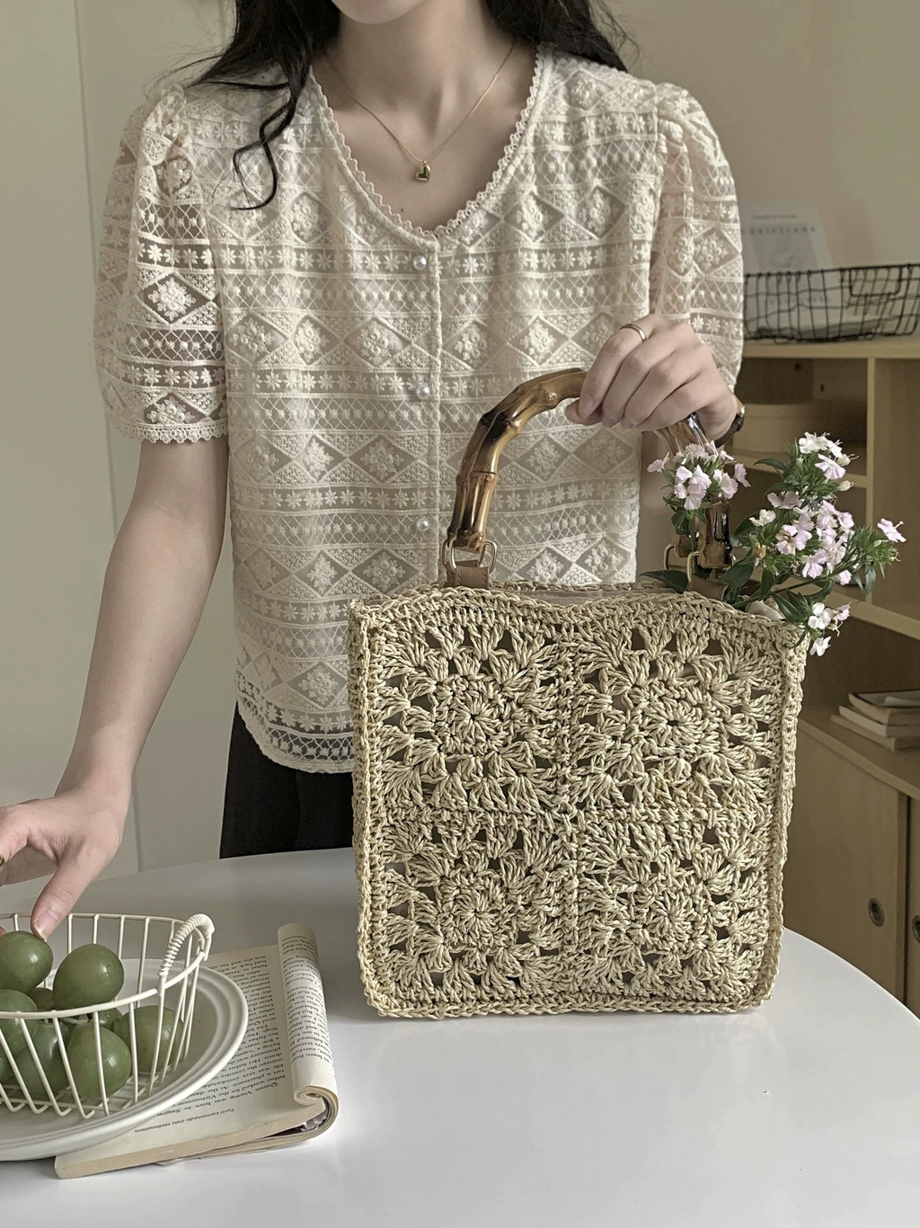 Boho Crochet Straw Handbag, Bamboo Top Handle Hollow Woven Tote Bag, Korean Style Daily Casual Summer Shoulder Purse