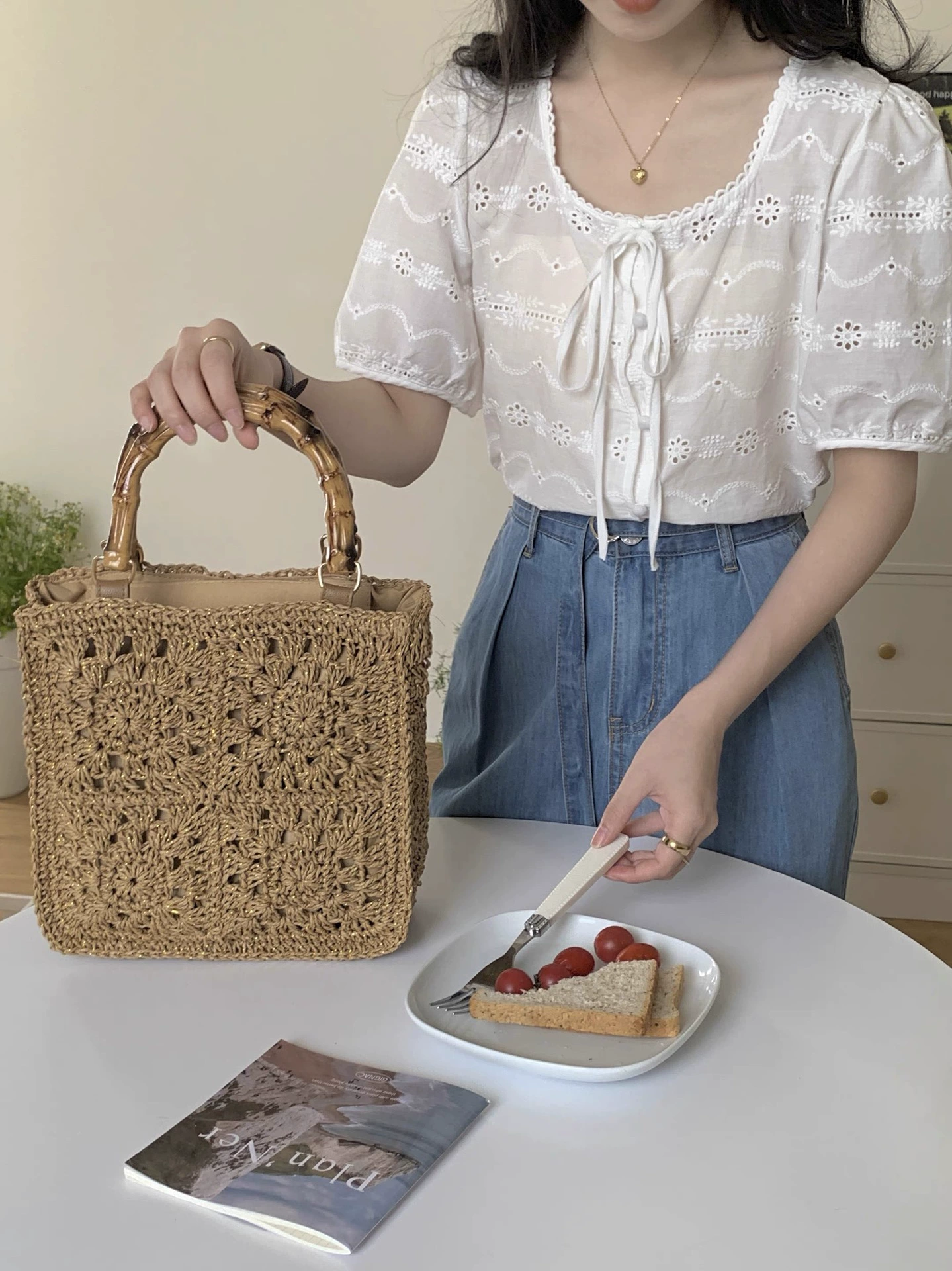 Boho Crochet Straw Handbag, Bamboo Top Handle Hollow Woven Tote Bag, Korean Style Daily Casual Summer Shoulder Purse