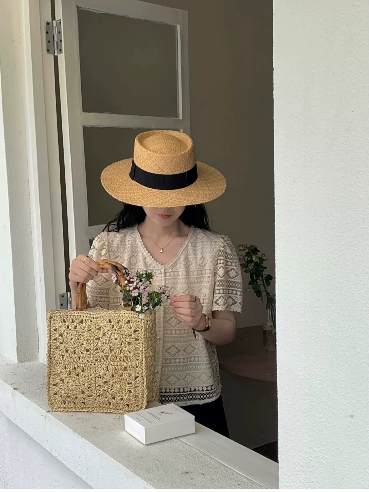 Boho Crochet Straw Handbag, Bamboo Top Handle Hollow Woven Tote Bag, Korean Style Daily Casual Summer Shoulder Purse