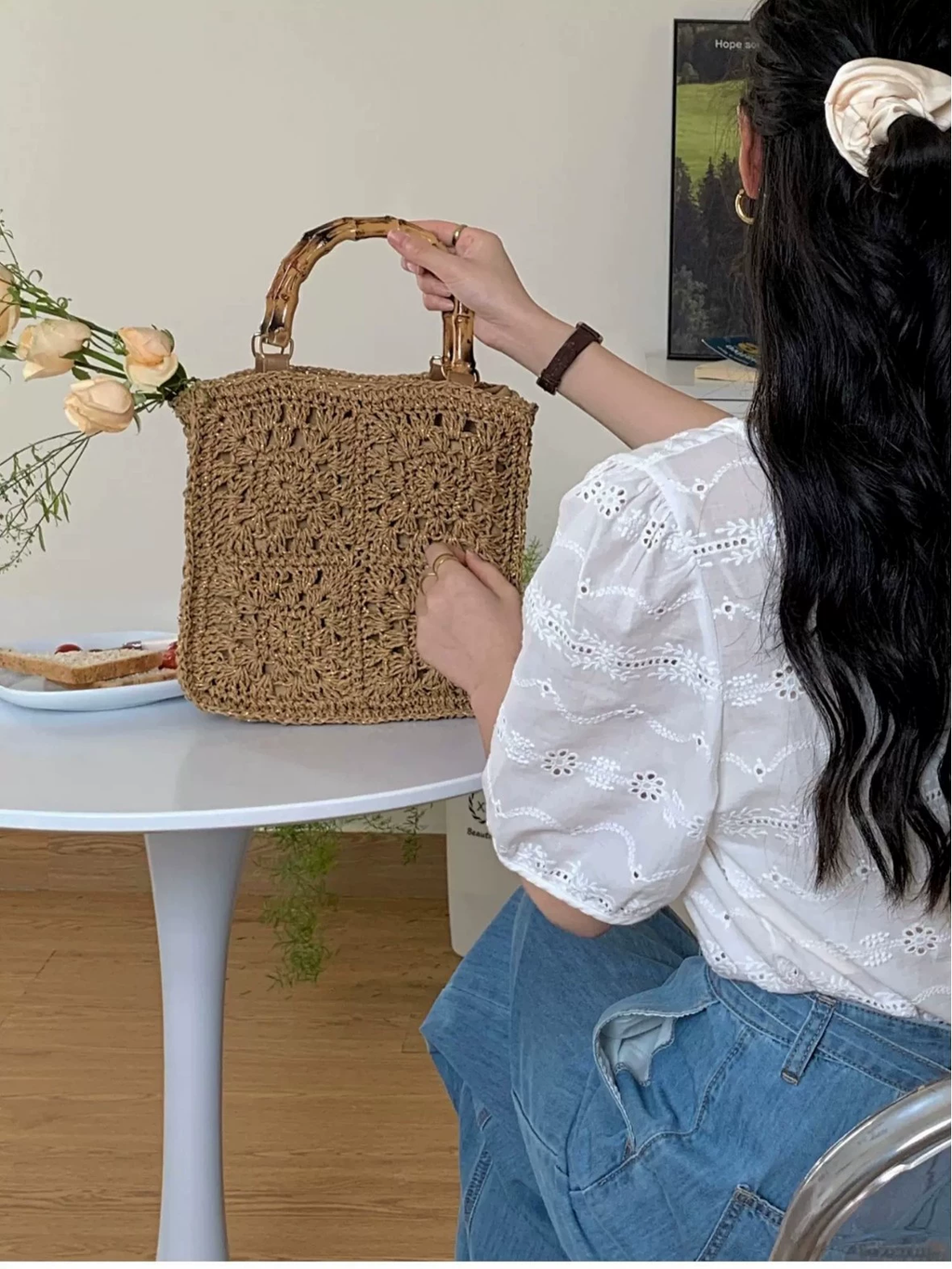 Boho Crochet Straw Handbag, Bamboo Top Handle Hollow Woven Tote Bag, Korean Style Daily Casual Summer Shoulder Purse