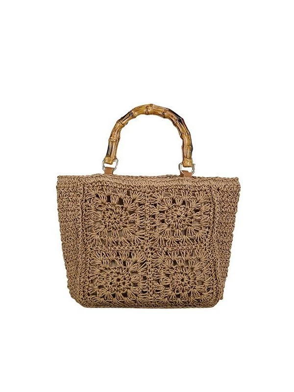 Boho Crochet Straw Handbag, Bamboo Top Handle Hollow Woven Tote Bag, Korean Style Daily Casual Summer Shoulder Purse