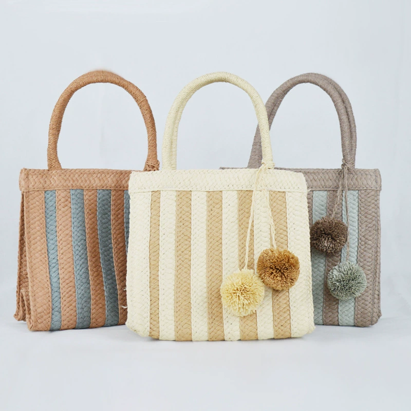 Striped Straw Woven Handbag with Pom Pom Charms, Vintage Chinese Art Style Open Top Medium Vertical Square Tote Purse for Daily Outing