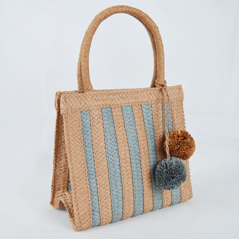 Striped Straw Woven Handbag with Pom Pom Charms, Vintage Chinese Art Style Open Top Medium Vertical Square Tote Purse for Daily Outing