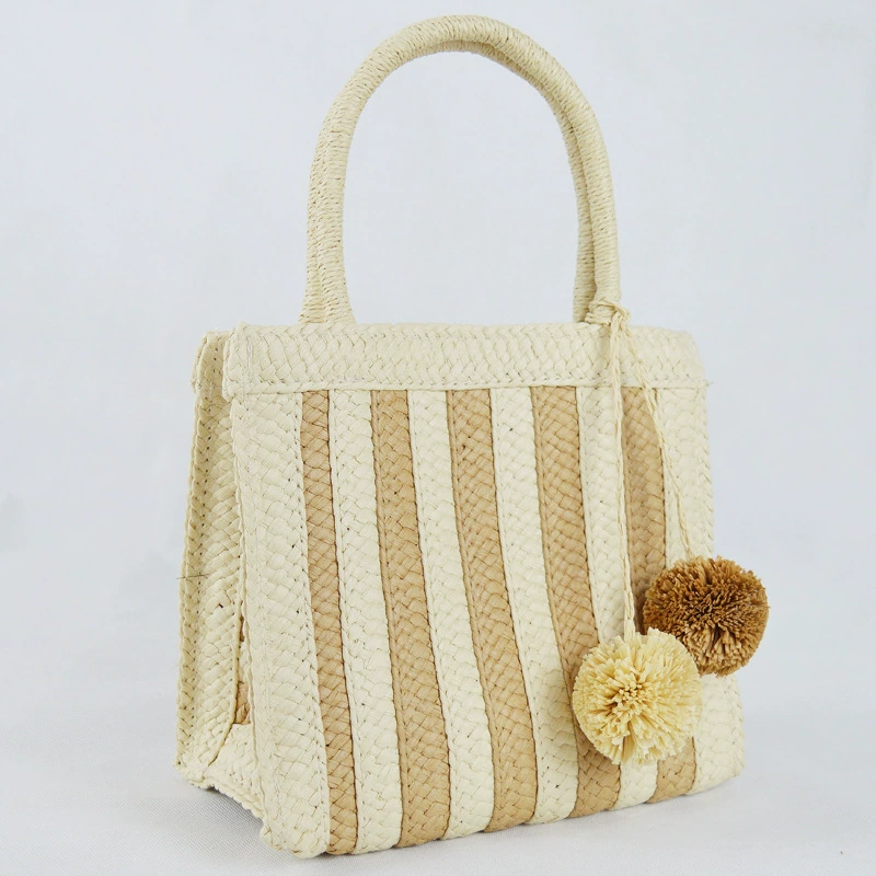 Striped Straw Woven Handbag with Pom Pom Charms, Vintage Chinese Art Style Open Top Medium Vertical Square Tote Purse for Daily Outing