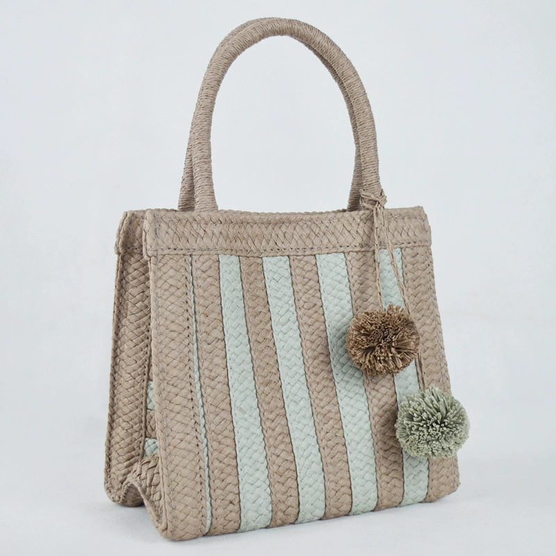 Striped Straw Woven Handbag with Pom Pom Charms, Vintage Chinese Art Style Open Top Medium Vertical Square Tote Purse for Daily Outing