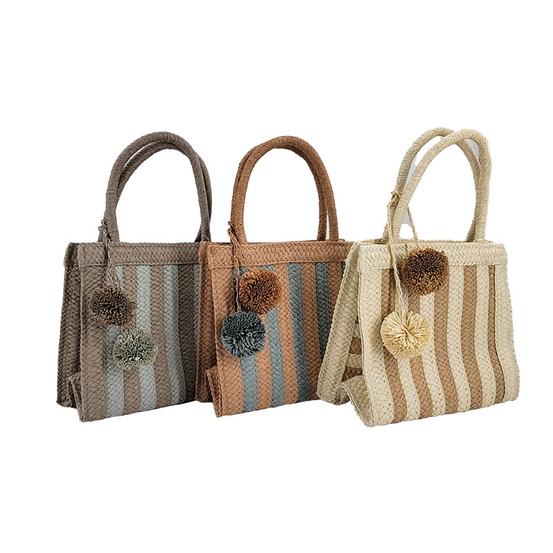 Striped Straw Woven Handbag with Pom Pom Charms, Vintage Chinese Art Style Open Top Medium Vertical Square Tote Purse for Daily Outing