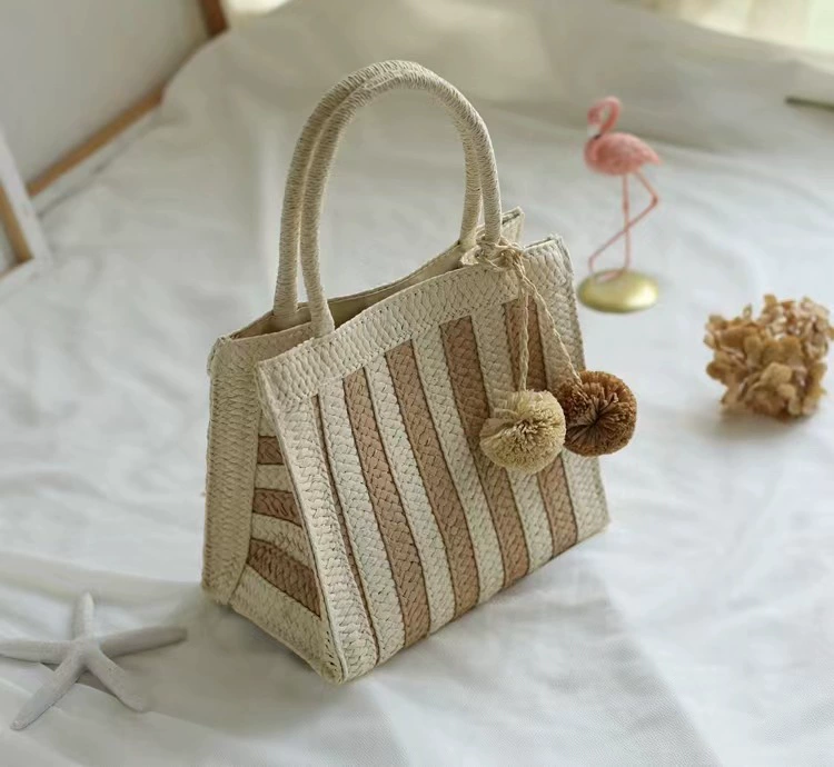 Striped Straw Woven Handbag with Pom Pom Charms, Vintage Chinese Art Style Open Top Medium Vertical Square Tote Purse for Daily Outing