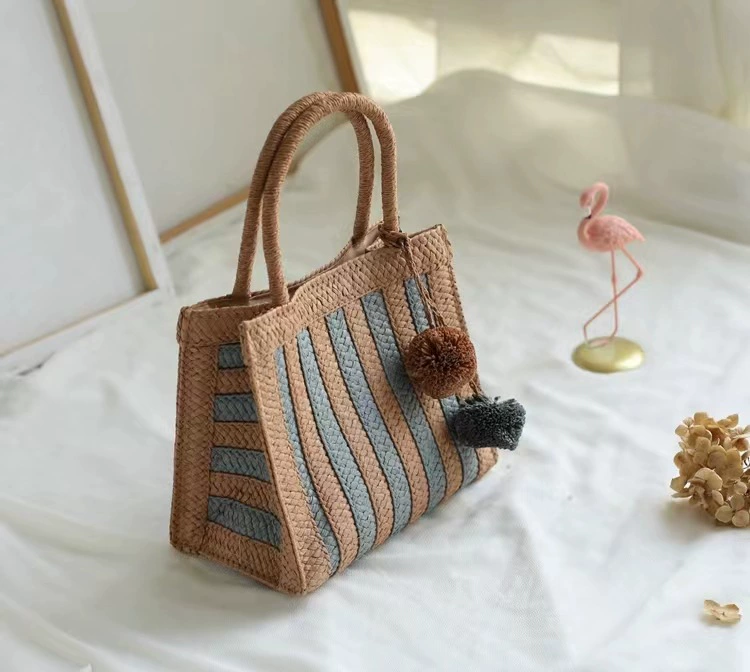 Striped Straw Woven Handbag with Pom Pom Charms, Vintage Chinese Art Style Open Top Medium Vertical Square Tote Purse for Daily Outing
