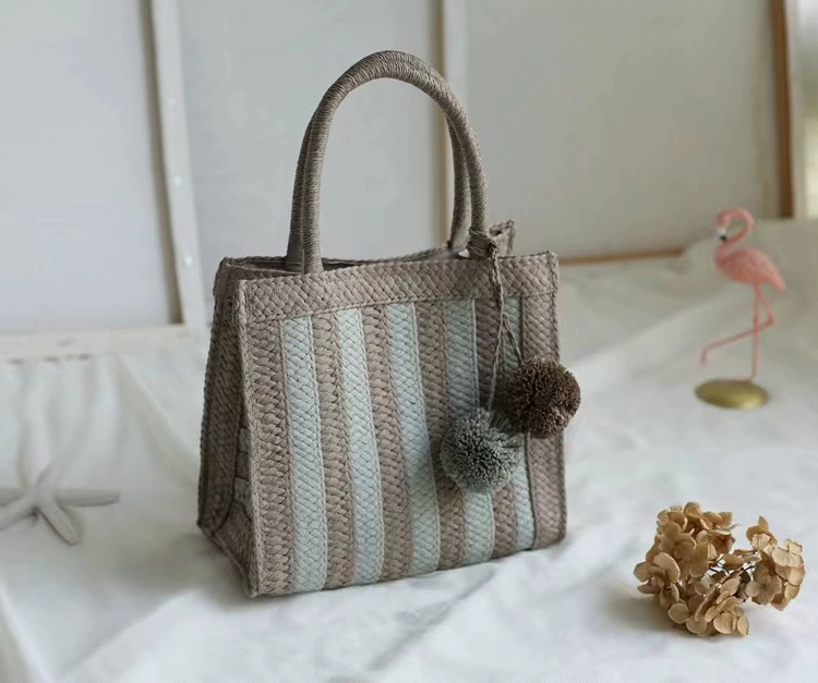 Striped Straw Woven Handbag with Pom Pom Charms, Vintage Chinese Art Style Open Top Medium Vertical Square Tote Purse for Daily Outing