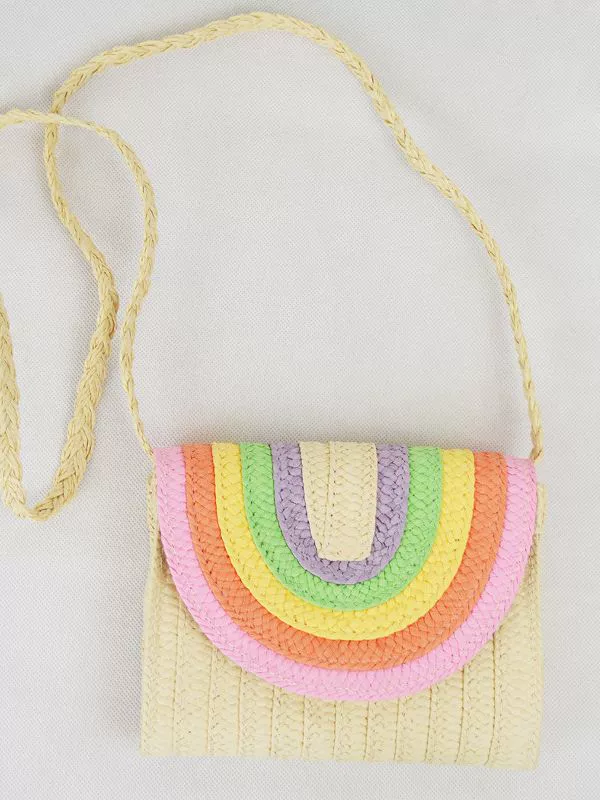 Rainbow Macaron Woven Paper Straw Crossbody Bag, Sweet Fresh Style Magnetic Flap Small Square Purse With Card Slot for Daily Summer Wear