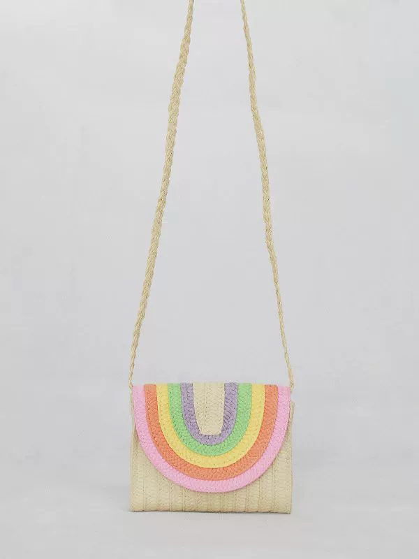 Rainbow Macaron Woven Paper Straw Crossbody Bag, Sweet Fresh Style Magnetic Flap Small Square Purse With Card Slot for Daily Summer Wear