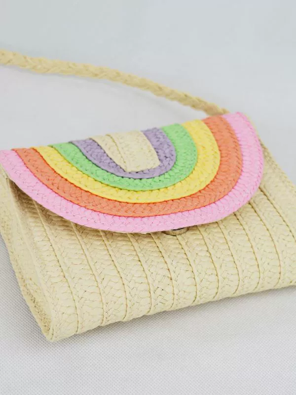 Rainbow Macaron Woven Paper Straw Crossbody Bag, Sweet Fresh Style Magnetic Flap Small Square Purse With Card Slot for Daily Summer Wear