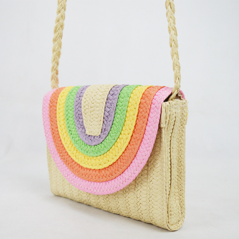 Rainbow Macaron Woven Paper Straw Crossbody Bag, Sweet Fresh Style Magnetic Flap Small Square Purse With Card Slot for Daily Summer Wear