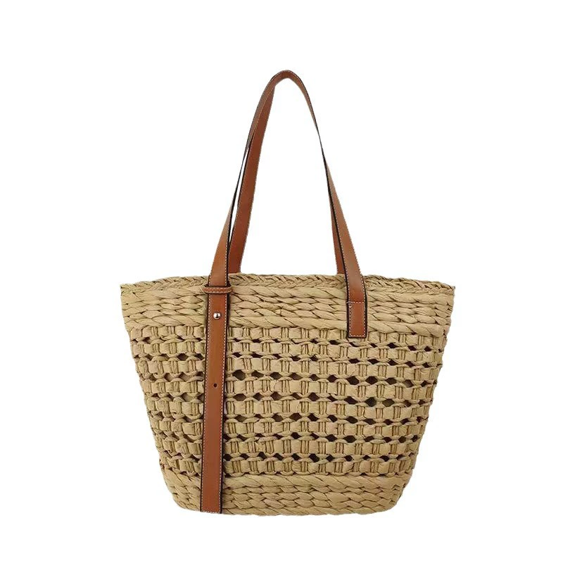 Hollow Woven Straw Tote Bag, Leather Strap Literary Oriental Style Zipper Shoulder Handbag, Medium Horizontal Square Summer Daily Shopper Purse (Khaki, Off White)