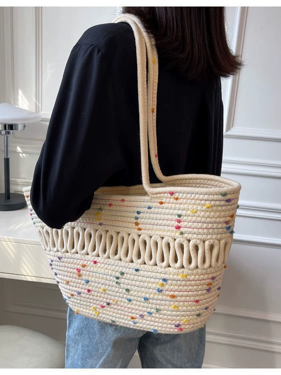 Colorful Polka Dot Cotton Woven Shoulder Tote Bag, Fresh Sweet Style Open Top Medium Horizontal Square Casual Shopper Purse for Spring Daily Outfits