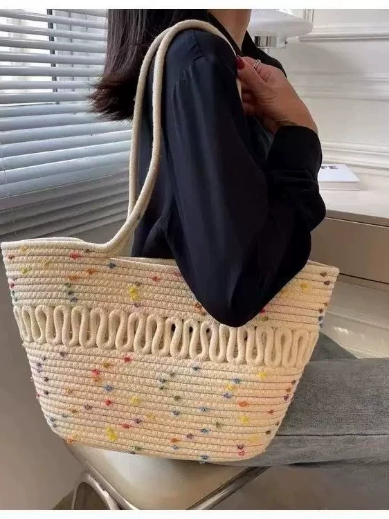 Colorful Polka Dot Cotton Woven Shoulder Tote Bag, Fresh Sweet Style Open Top Medium Horizontal Square Casual Shopper Purse for Spring Daily Outfits