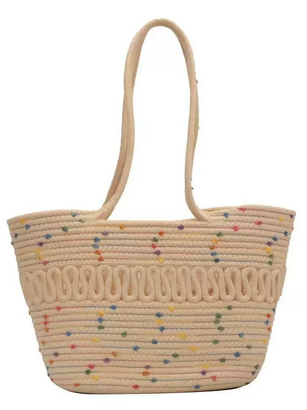 Colorful Polka Dot Cotton Woven Shoulder Tote Bag, Fresh Sweet Style Open Top Medium Horizontal Square Casual Shopper Purse for Spring Daily Outfits